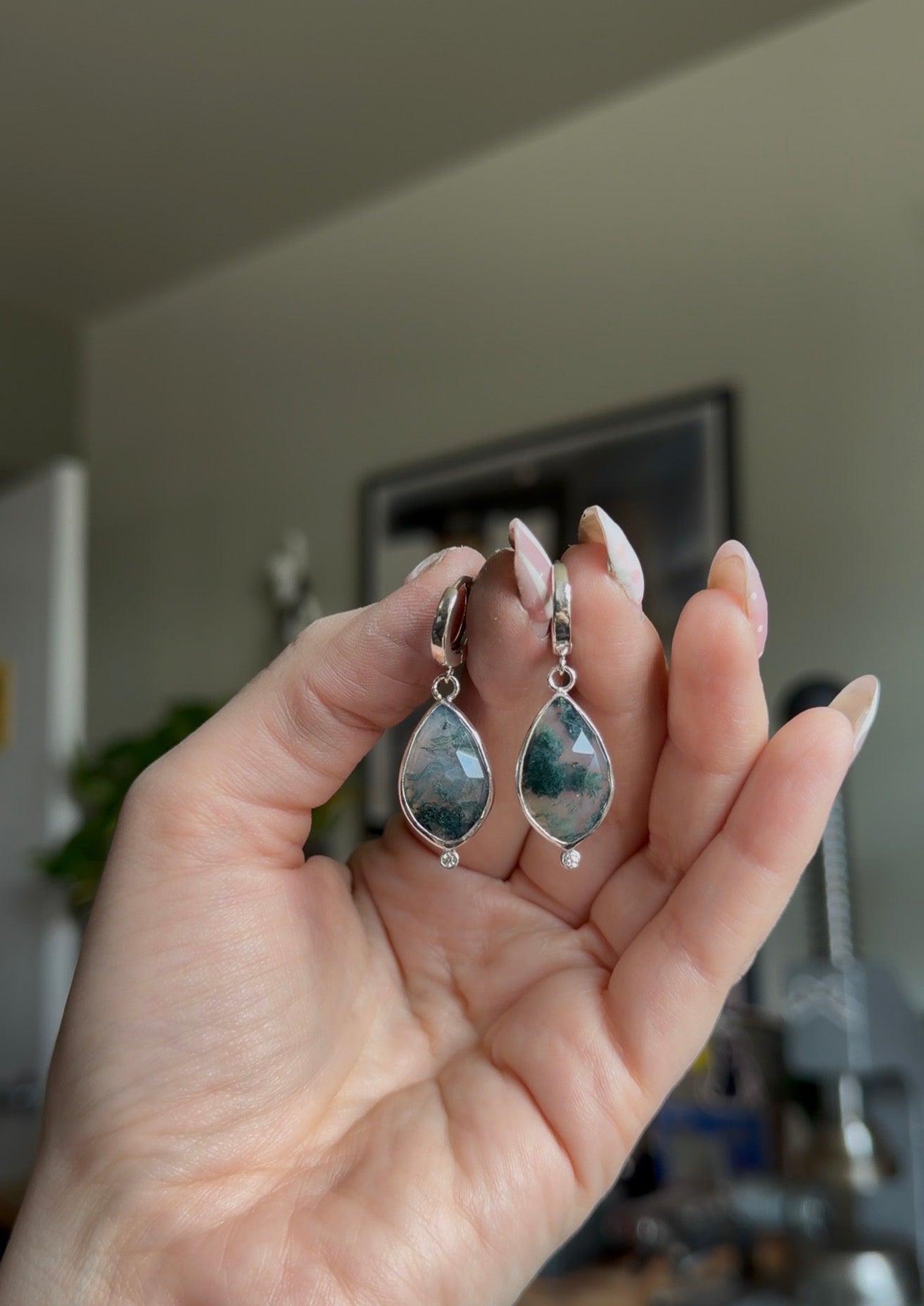 Moss Agate & Lab Diamond Dangle Earrings